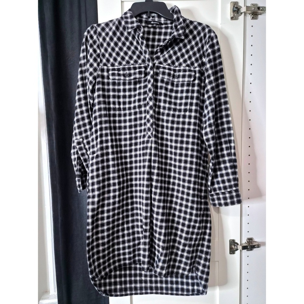 Madewell Plaid‎ Shirt Dress Black White Long Sleeve Button Front XS